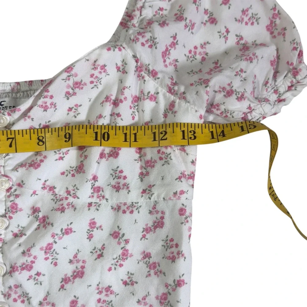 Hollister Floral Puff Sleeve Crop Top Women XS White Pink Smocked Back Coquette - Picture 3 of 5